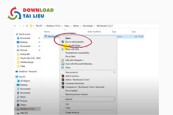 Bước 4: Khởi động file setup iTaxViewer bằng cách nhấn chuột phải sau đó chọn Run as administrator