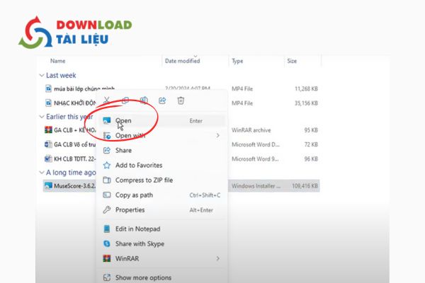 Bước 2: Mở file phần mềm musescore bằng cách nhấn chuột phải chọn Open