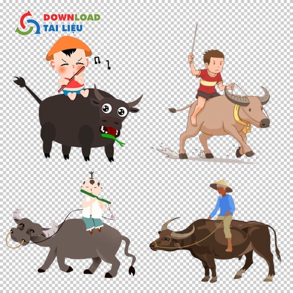 Mẫu vector con trâu và làng quê Việt Nam