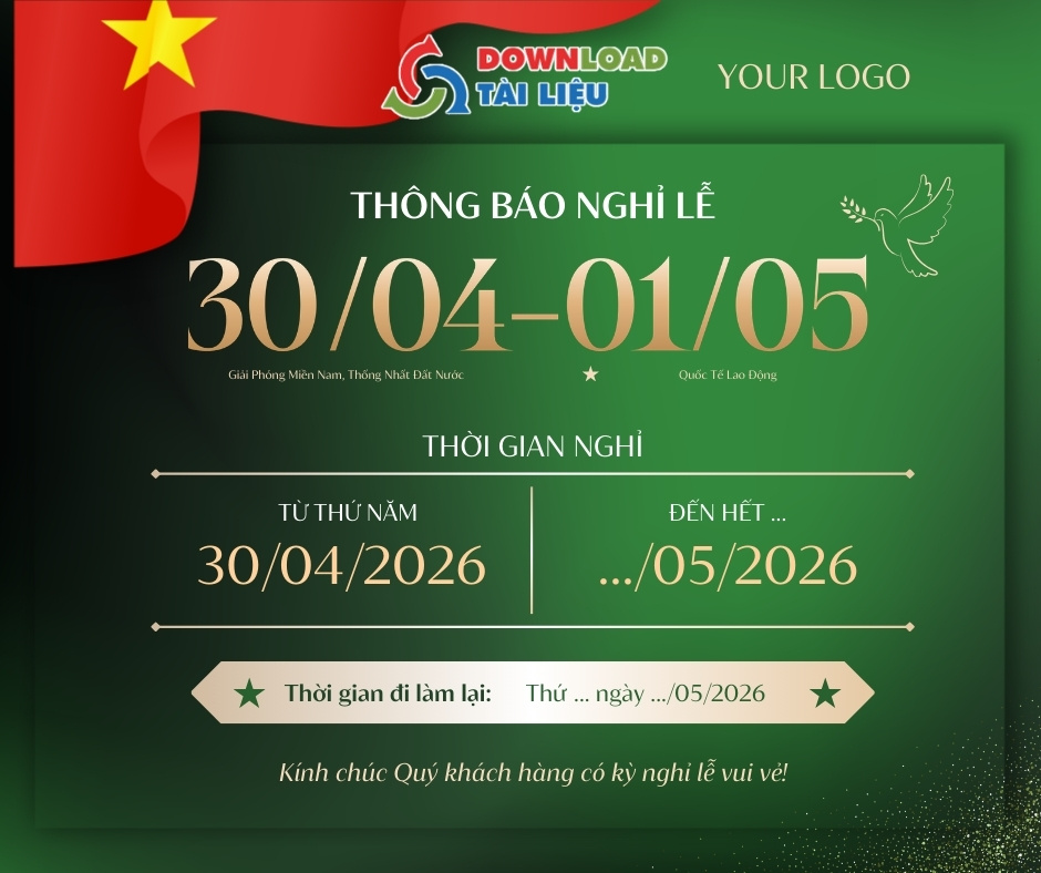 Tải mẫu thông báo nghỉ lễ 30/4 và 1/5 dành cho nhân viên công ty